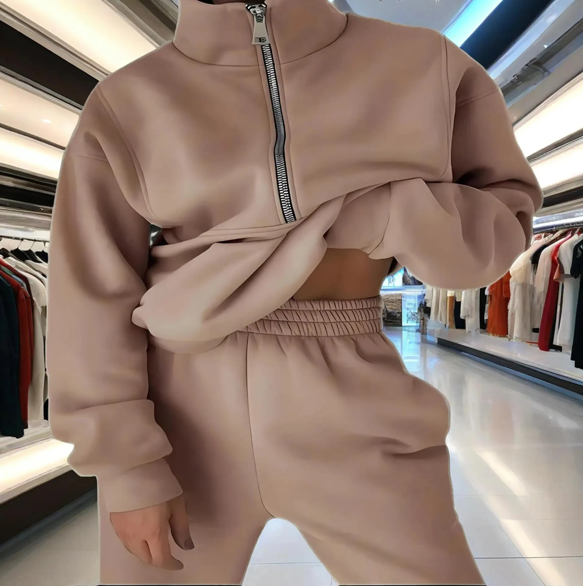 

2026 Women's Winter Outfit Fleece Lined Knitted Tracksuit Loose Sweatshirt and Pants Set Casual Street Style Home Leisure Wear