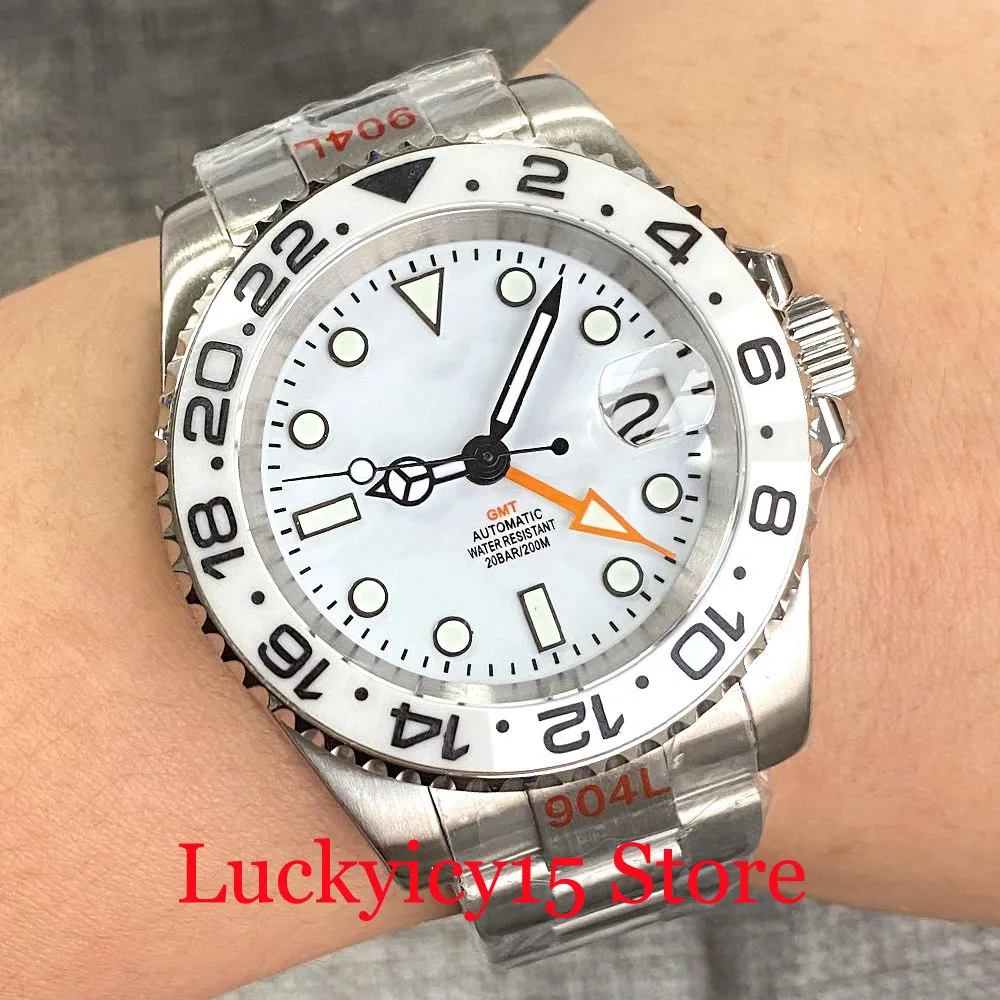 Tandorio 200m Waterproof White Dial Luminous Marks 40MM NH34A Automatic GMT Mechanical Men Watch Steel Brushed Jubilee Bracelet