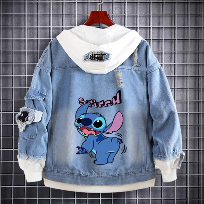 Miniso Disney Stitch Retro Denim Jackets Cartoon Printed Cute Sweatshirts Kids Streetwear Hooded Coats Harajuku Jackets For Men