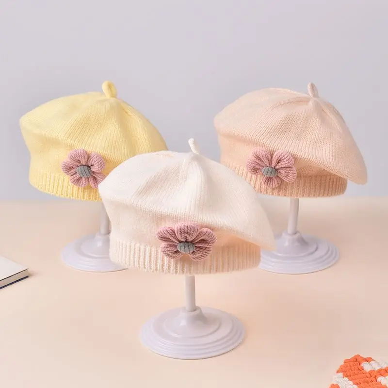 Neonate Autunno Inverno Cappello Fiore carino Berretto Bambino lavorato a maglia Artista Cappello Bambini Berretto di lana per neonato 6-12 mesi Casa all'aperto