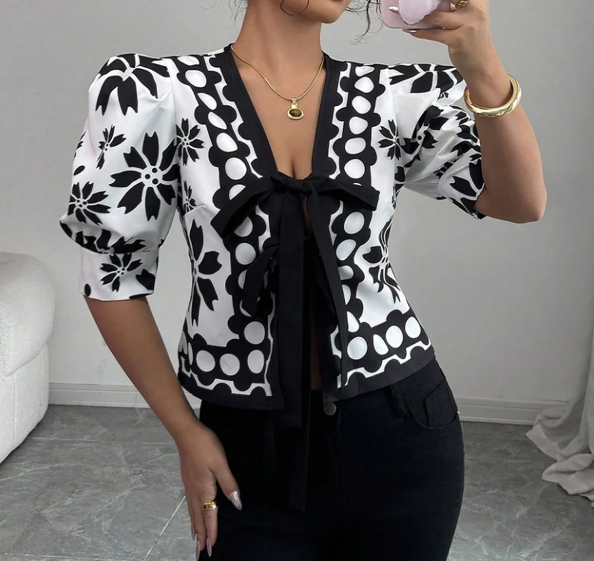 

Summer 2025 French Lantern Sleeve Cardigan Chiffon Shirt Elegant Geometric Print Lace Up Collar Slim Fit Women Chiffon Shirt Top