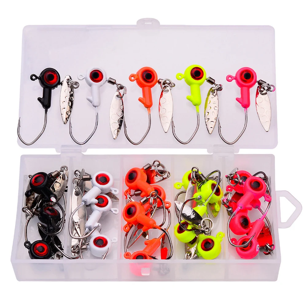 25PCS/BOX Jig Head Hook Set  Sharp Barbed Jigging Heads Hooks with Spinner Spoon for Soft Worm Bait Bass Trout Freshwater Lures