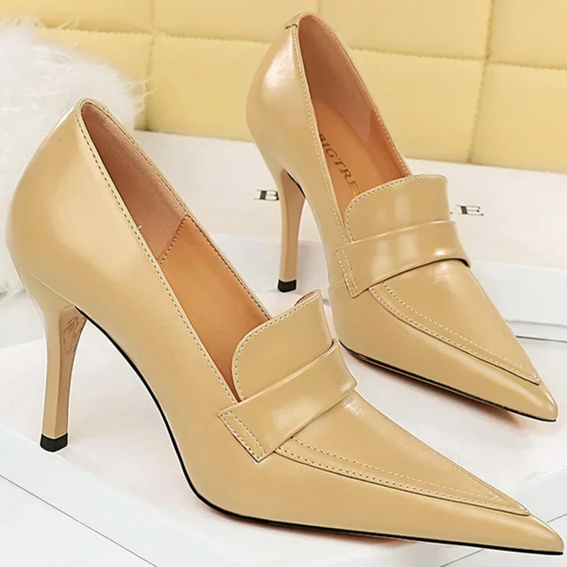 Women 10cm High Heels Pumps Retro Pu Leather Slipony Thin Stiletto Heels Lady Brown Office Roman Fashion Shoes Small Size 34-40