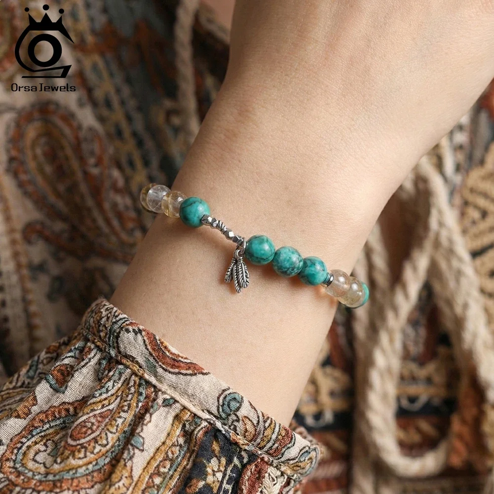 

ORSA JEWELS S925 Natural Stone Beaded Turquoise Chain Bracelet Healing Crystal &Tiger Eye Leaf Bracelet Charm Bracelet GMB91