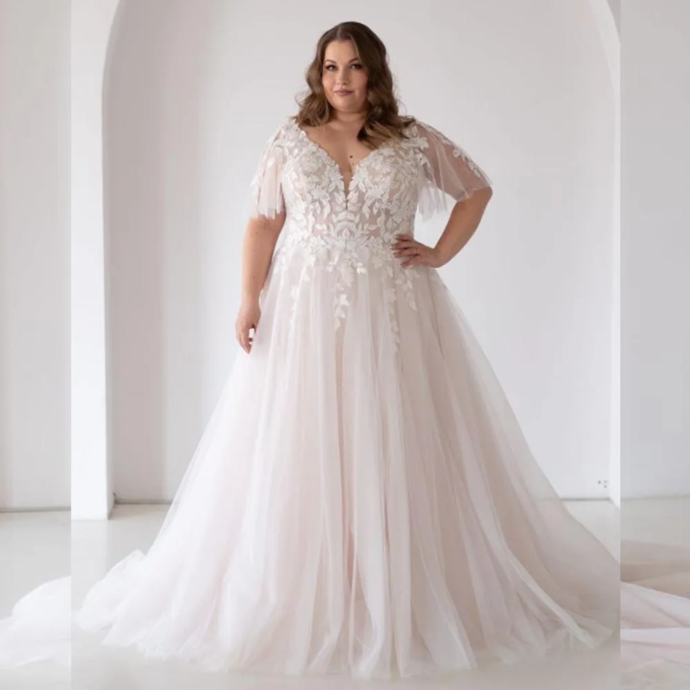 Plus Size Wedding Dresses For Bride V-neck Applique A-Line Bridal Gowns Tulle Lace Ruffle Sleeves Brides dress Customized