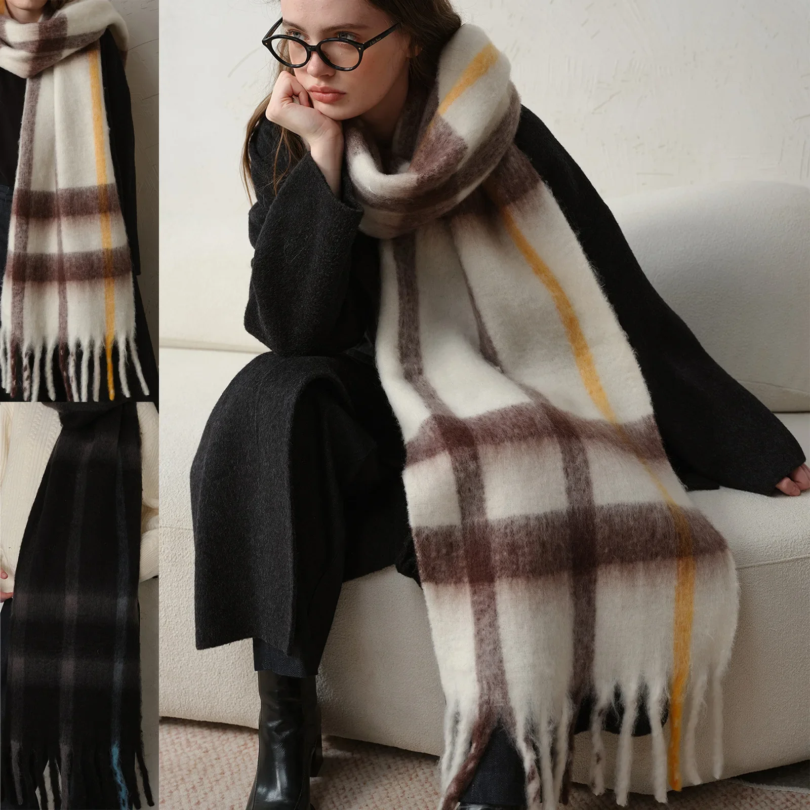 2024 Winter New Soft Two tone Striped Splicing Imitation Cashmere plaid Large tassel Women's Scarf Thickened Warm Outer shawl