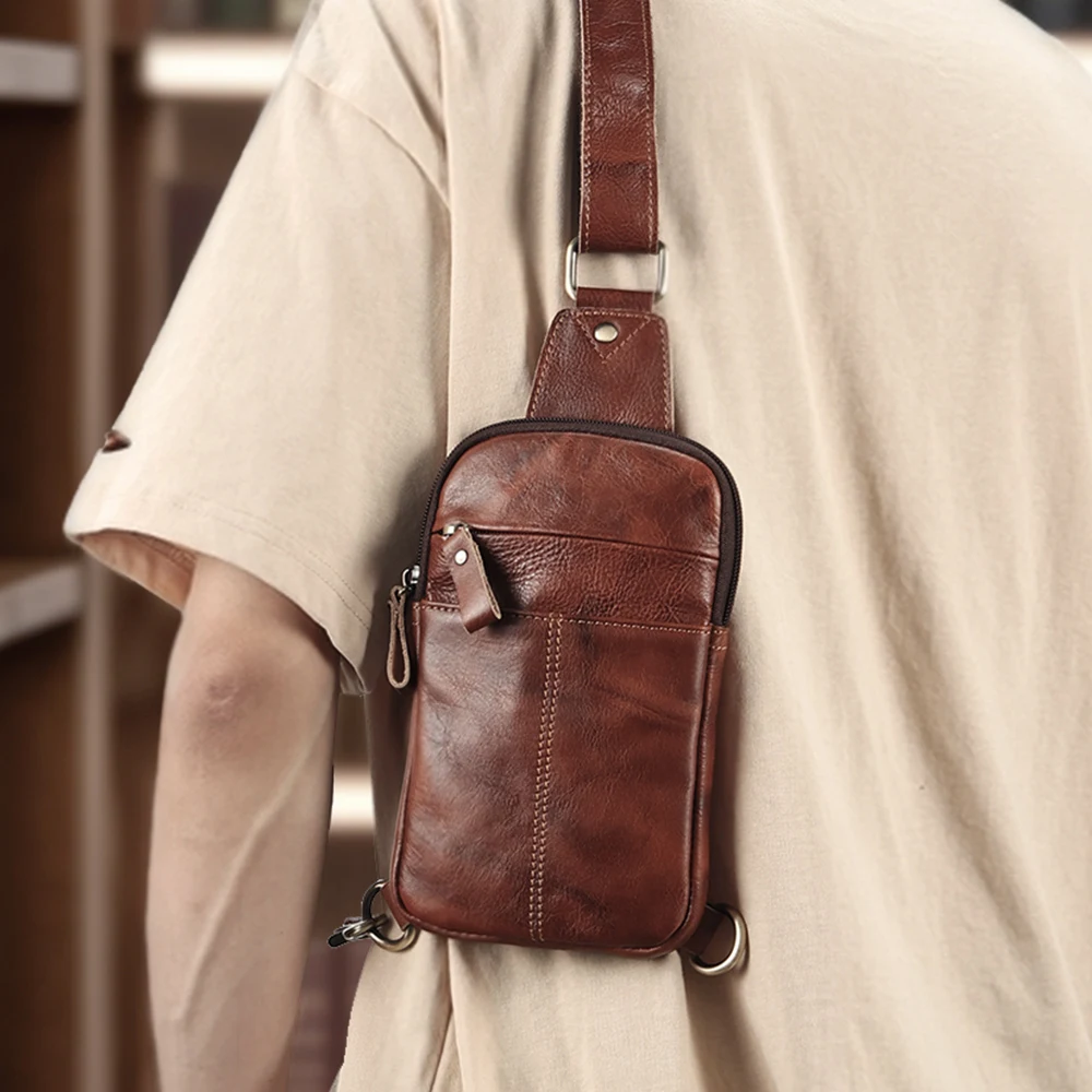 Pure cowhide backpack trendy brand chest bag men's casual crossbody bag simple single shoulder bag genuine leather chest bag