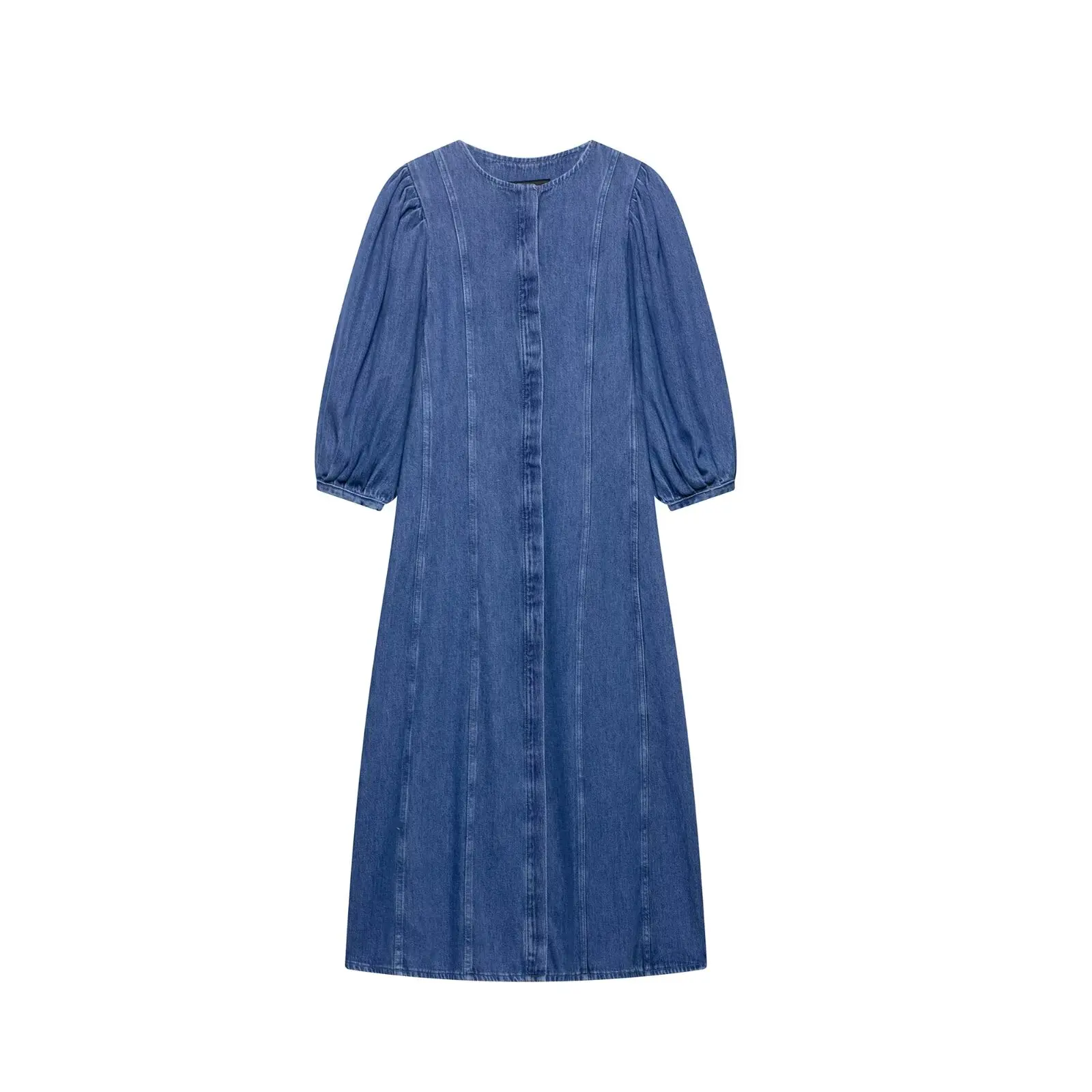 

PB&ZA Women's Round - neck Puff - sleeve Button - front Midi Denim Dress for Summer for a Casual and Stylish Look