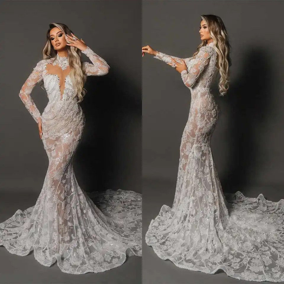 

Exquisite Evening Dresses Mermaid High Collar Beads Pearls Long Sleeve Sweep Train Prom Party Dress Vestido De Noite Custom Made