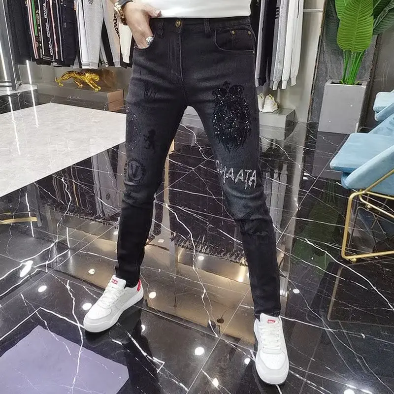 Korean Brand Embroidered Jeans Men's Embroidery Slim-fitting Small Feet Brand Pattern Korean Luxury Hole Printing Trousers