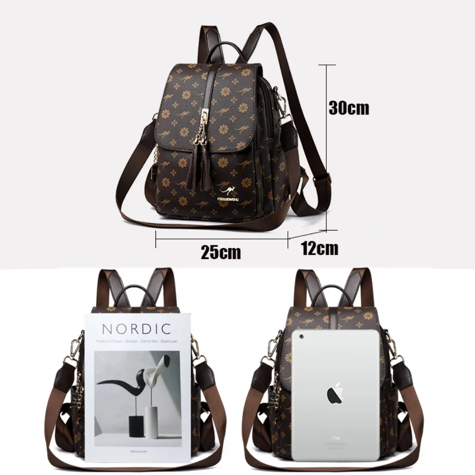 Ladies Backpack Designer High Quality Leather Women Bag Luxury Fashion Printing Tassel School Bags Large Capacity Backpacks Sac