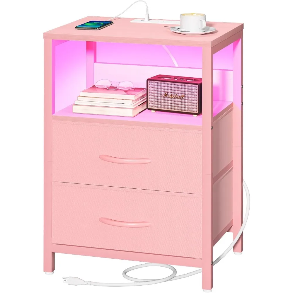 

Yoobure Nightstand with Charging Station, LED Night Stand with Fabric Drawers and Storage Shelf for Bedroom, Nightstands Bedside