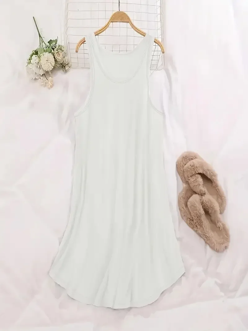ノースリーブの女性用Vネックドレス,無地のラウンドネックのベーシックな服,曲線の裾,タンクトップ