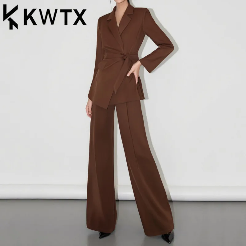 

KWTX 2025 Trendy Spring Summer Women’s 2 Piece Set Solid Color Long Sleeve Blazer & Casual Pants Tie Waist Luxury Elegant Lady