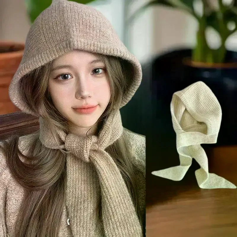 الكورية هود وشاح بالاكلافا قبعة سدادات حماية الأذن الدافئة منفذها القبعات النساء الرجعية حزام القوس بيني الشتاء اكسسوارات محبوك القانون قبعة #5
