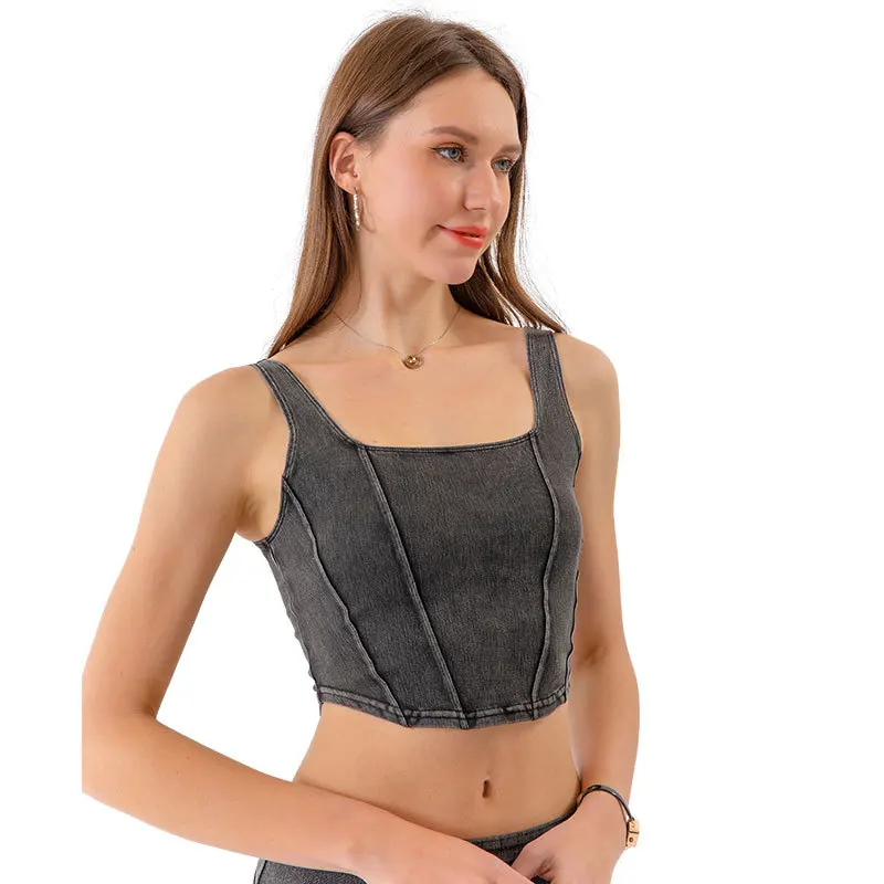 European American New Denim Yoga Sports Vest Women's U-shaped Elastic and Thin Back Quick-drying Fitness Top Tank Waistcoat