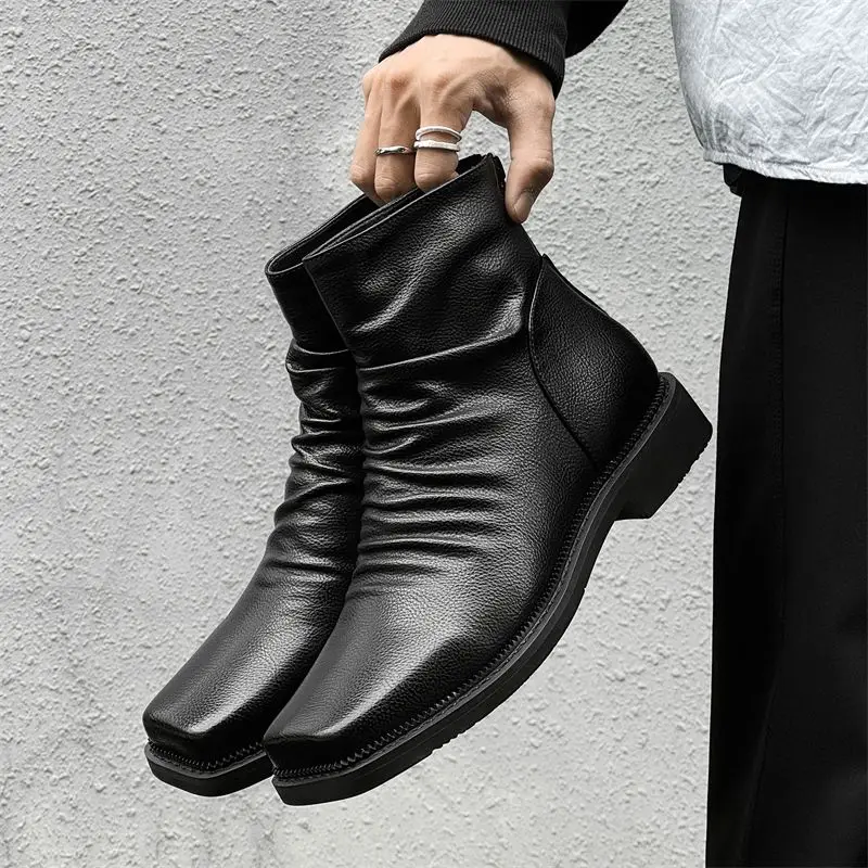 

2025 Hot-Selling Men's Trendy British Style Large Size Square Toe Mid-Cut Back Zipper Casual Chelsea Boots