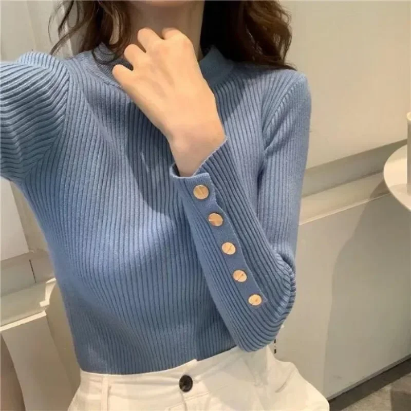 

Slim Knit Top Women Sweater Pullovers Casual Y2k Top Autumn Winter Button Sweater Female Jumper Tops Pullover кофта женская