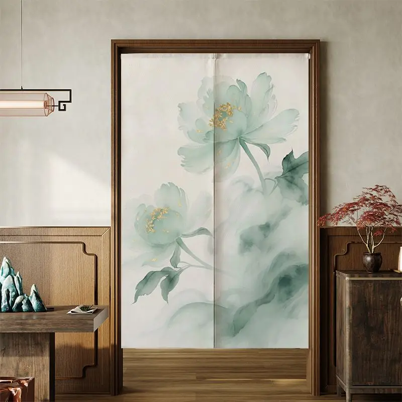 VIKAMA Oriental Ink-Washed Floral Hanging Door Curtain, Pale Green Peony Artistic Half-Curtain, Privacy Screen, Home Decor