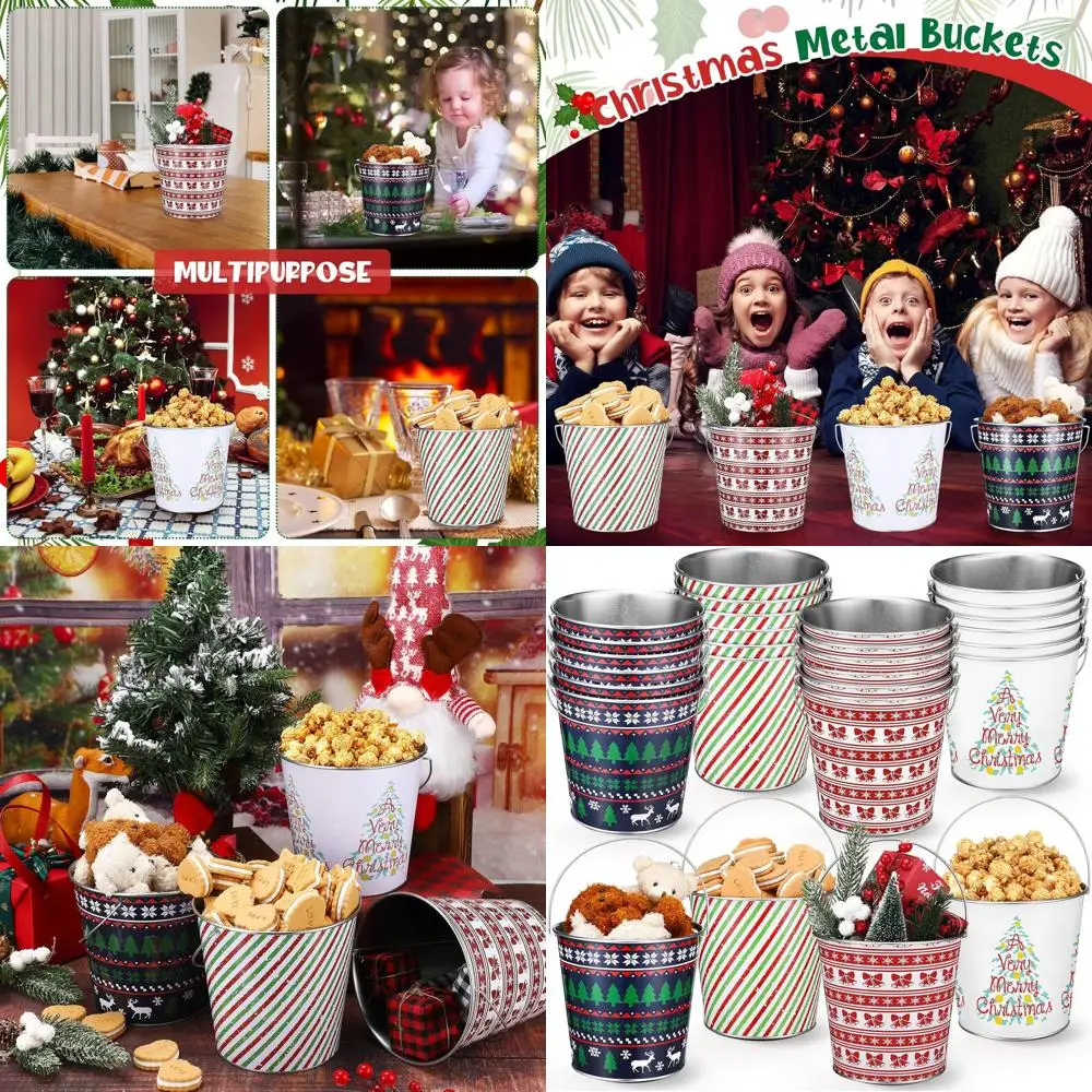 

Bulk 24 Pack Large 6.2x5.8 Christmas Metal Buckets with Handle for Festive Decor, Cookies, Candy, and Snacks
