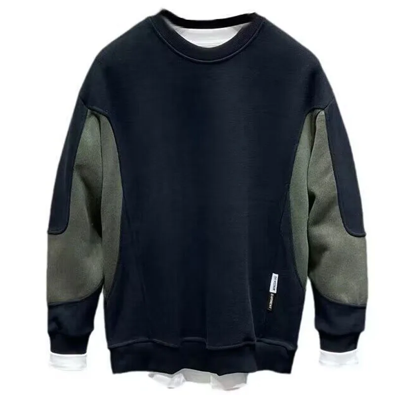 New Autumn Fashion Trend Patchwork Round Neck Pullover with Contrasting Colors and Versatile Casual Men\'s Long Sleeved Sweater