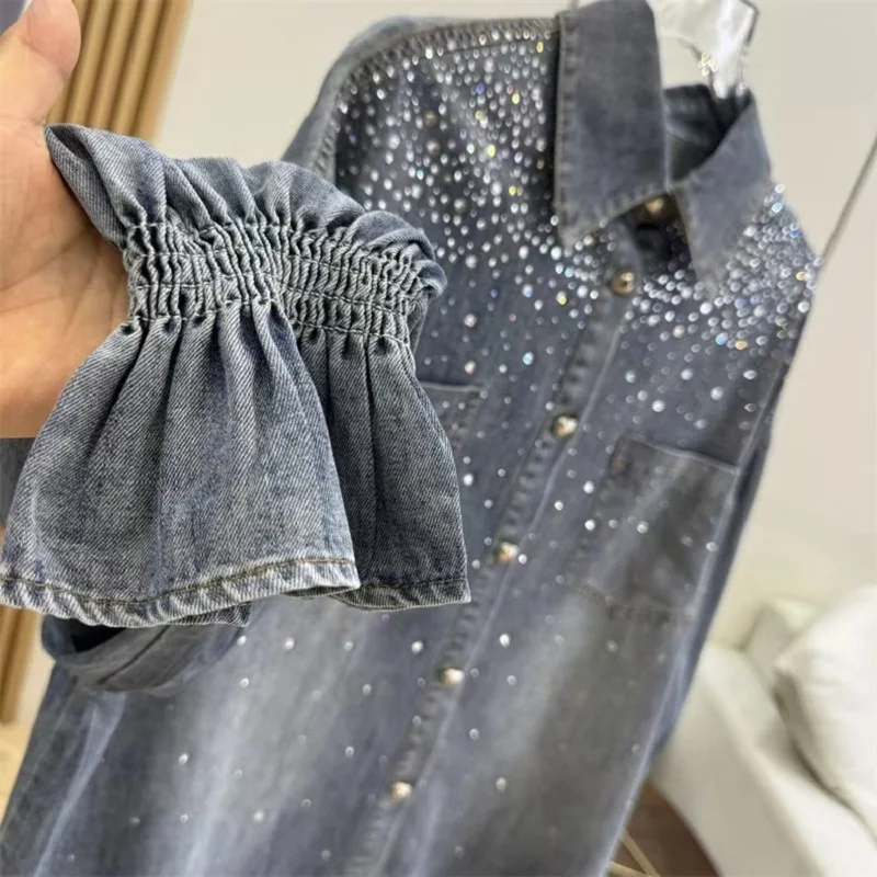 

High-end Diamonds Hot Drilling Denim Shirts Blouses For Women 2025 Spring Trend Long Sleeve Loose Casual Shirt Tops