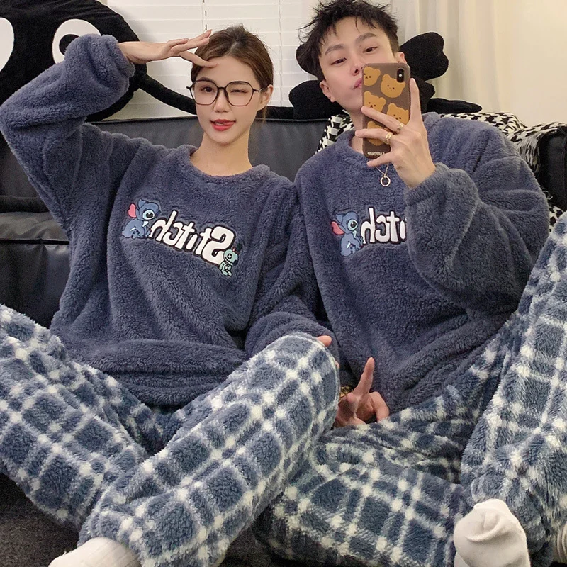 Cartoon Disney couple pajamas winter warm couple suit crew neck plush two-piece set Disney loungewear Stitch women's pajamas