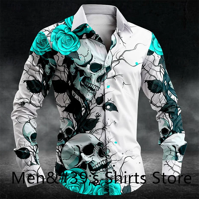 Rose Skull Casual Dark Men's Button Shirt Long Sleeve Party Evening Wear Daily Autumn Winter Spring Summer Lapel Shirt