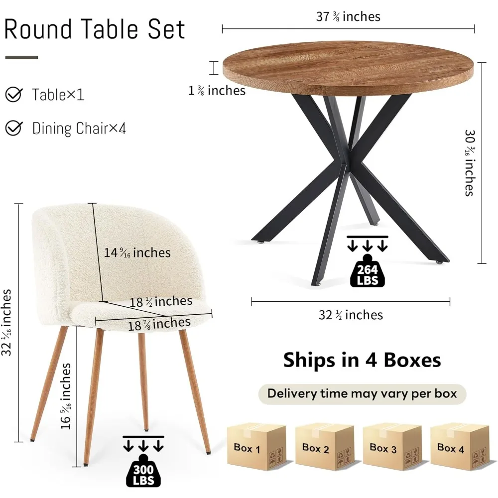 5 round dining tables with armchairs, 37 inch medium density fiberboard tabletop, faux fur wood grain metal leg dining chair set