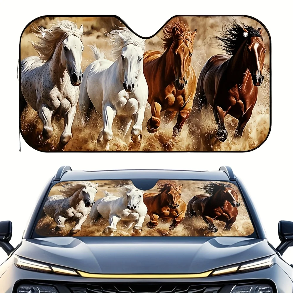 1pc Galloping Herd Car Sun Visor – Adjustable Sunshade With Majestic Horse Design, Necessary Barrier For Desert Journeys & Styli