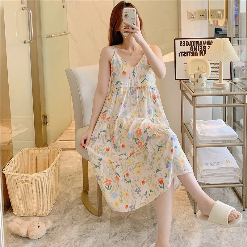 

Summer Pure Desire Thin Cotton Silk Nightgown Women's Home Clothes Artificial Cotton Mid-Length Gown Sweet External Wear