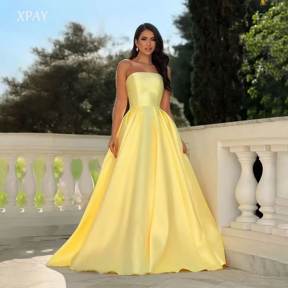 

XPAY Princess Yellow Saudi Arabic Customized Satin A Line Evening Dresses Strapless Floor Length Prom Gowns Formal Party Dress