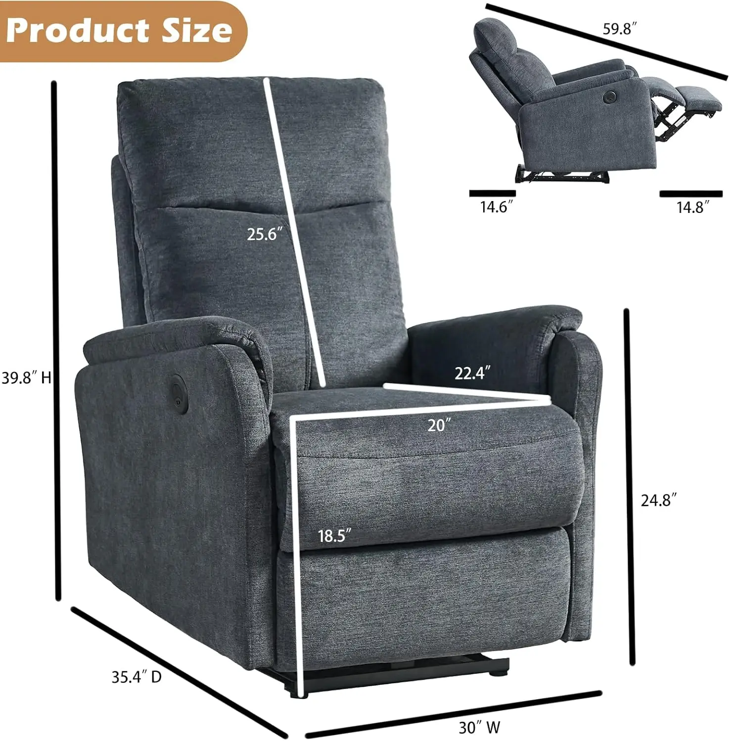 Small Electric Power Recliner, Breathable Fabric Reclining Chair, USB Ports, Electric Home Theater Seating, Grey