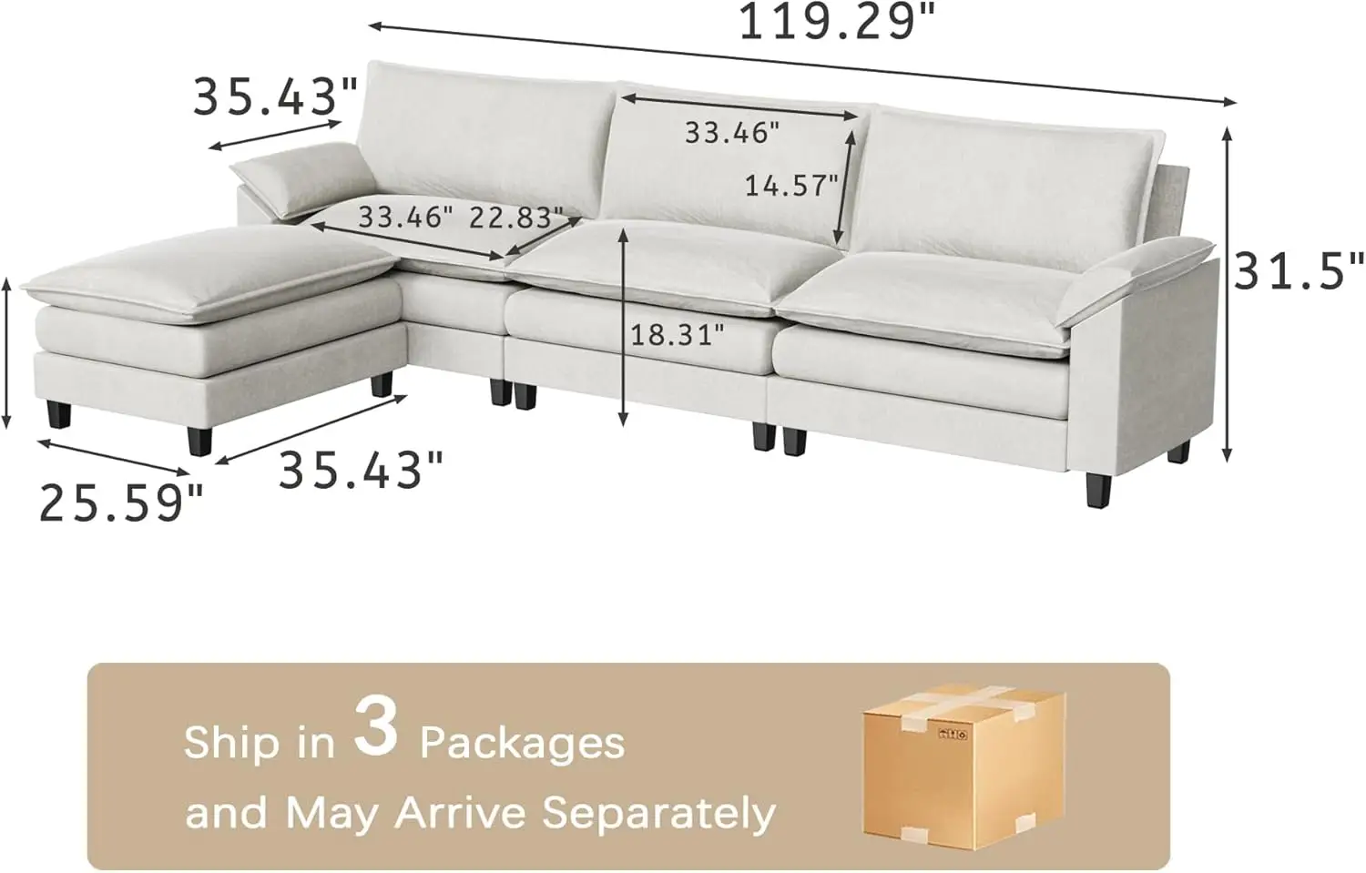 Fabric Reversible L Shaped Sofa Couch Cloud Couch with Ottoman, 3-Seat Sectional Sofa Couches for Living Room, Apartment(White)