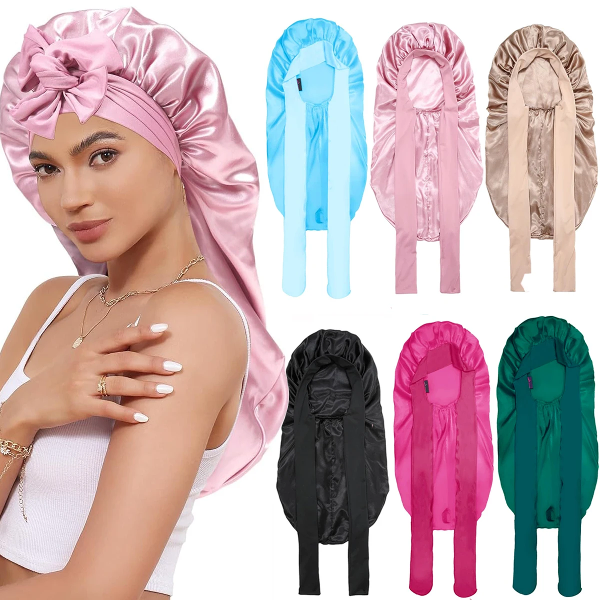 

1 шт. мягкий шелковистый длинный атласный чепчик для натуральных волос и вьющихся волос, шапочка для волос очень большого размера с завязкой для комфортного ночного сна