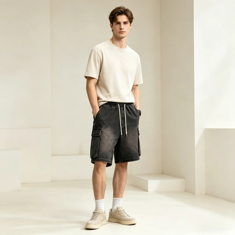 Cargo Pants Denim Short Pant Men Jeans Lace Up Trousers High Street Work Casual Vintage Washed Loose Elastic Waist Pocket 2026