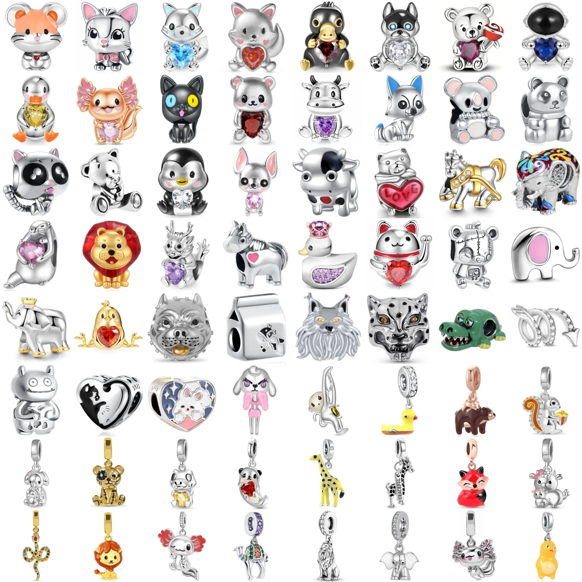 925 Sterling Silver Cute Cartoon Animal Crystal Charms Cat Dog Elephant Lion Dinosaur Dragon Large Hole Beads Women DIY Jewelry