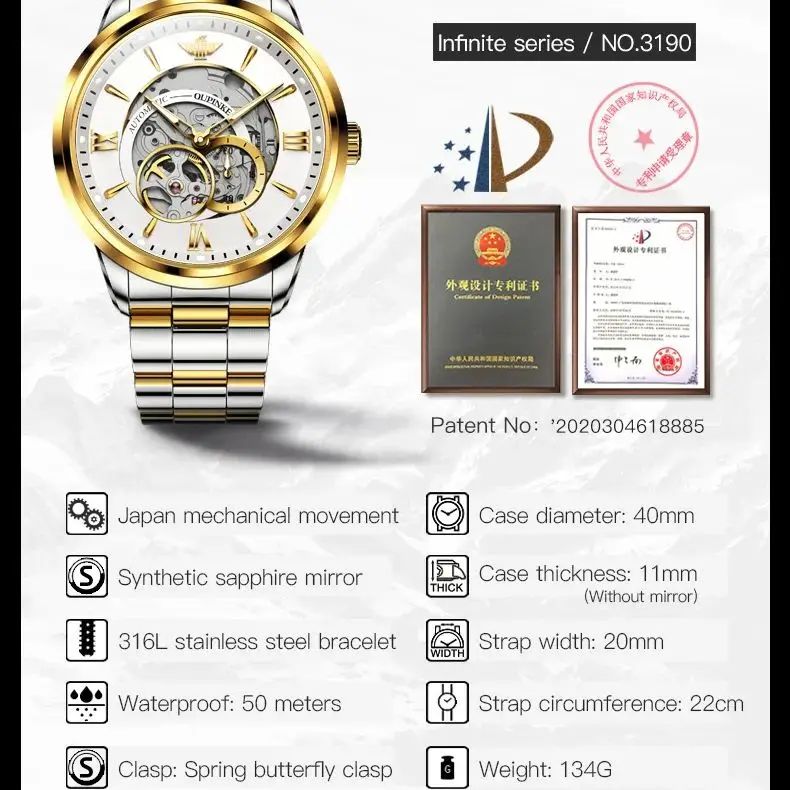 OUPINKE TOP Brand Japanese Imported Automatic Movement Watch for Men Waterproof Timing code Luxury Roman Scale Wristwatches