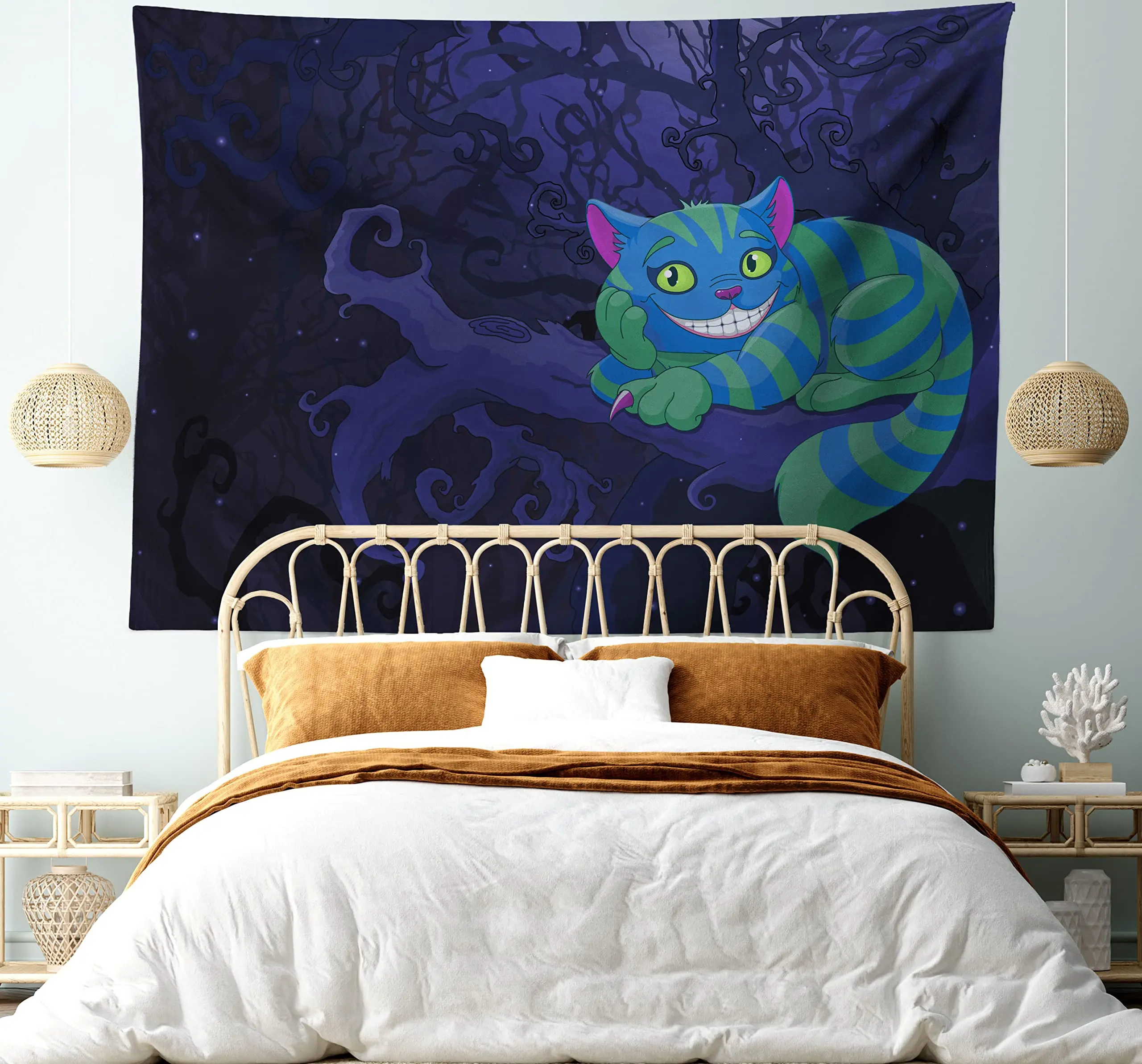 Samurai Cat Tapestry Japanese Ukiyo-e Style Waves Fish Moon Danford Crane Aesthetic Art Hanging for Decoration Home Wall Blanket