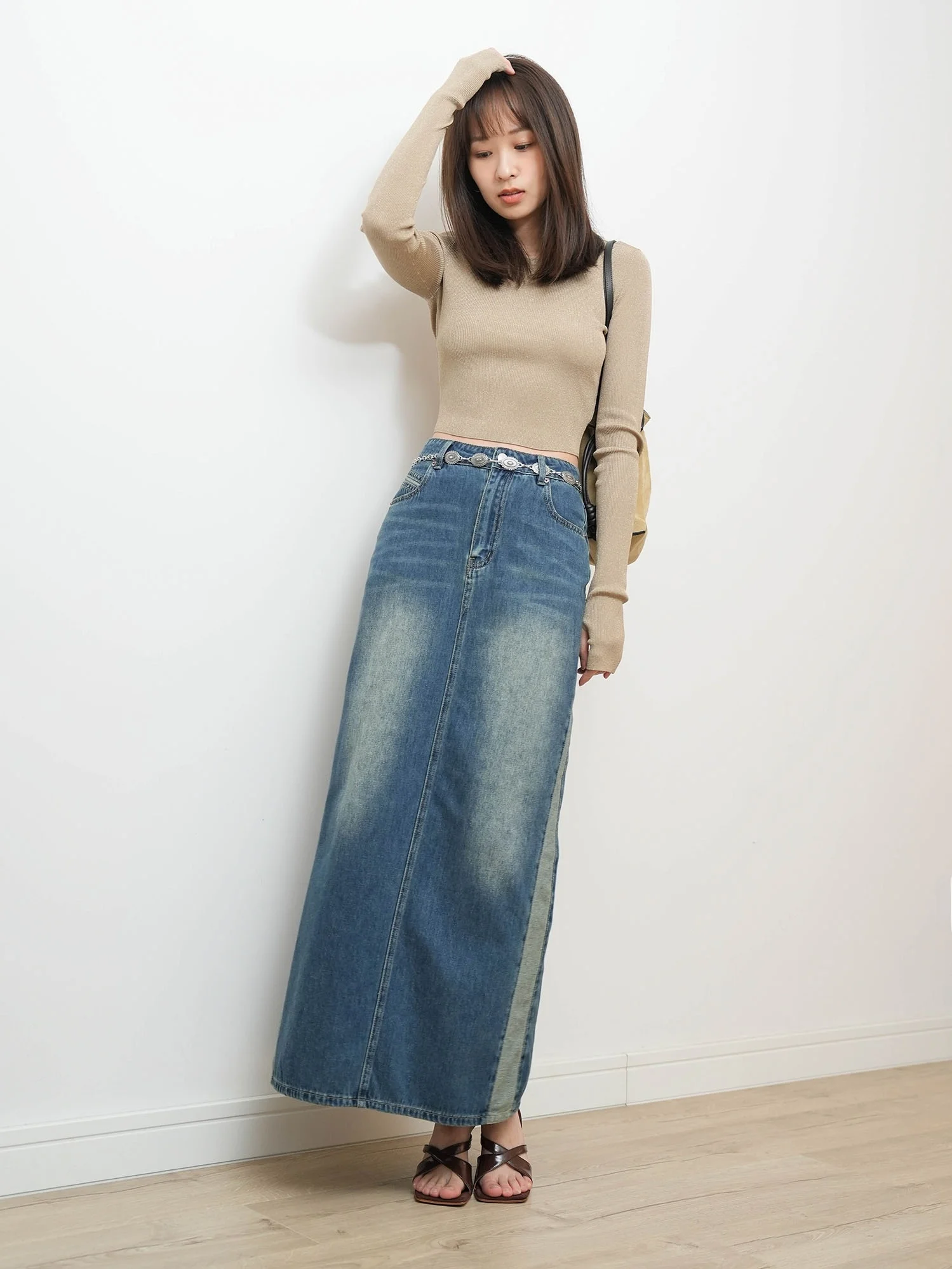 

Винтажная джинсовая юбка Viyoung с боковыми вставками, длинная, с высокой талией, А-силуэт, однотонная, женская, премиум-класса, весна-лето