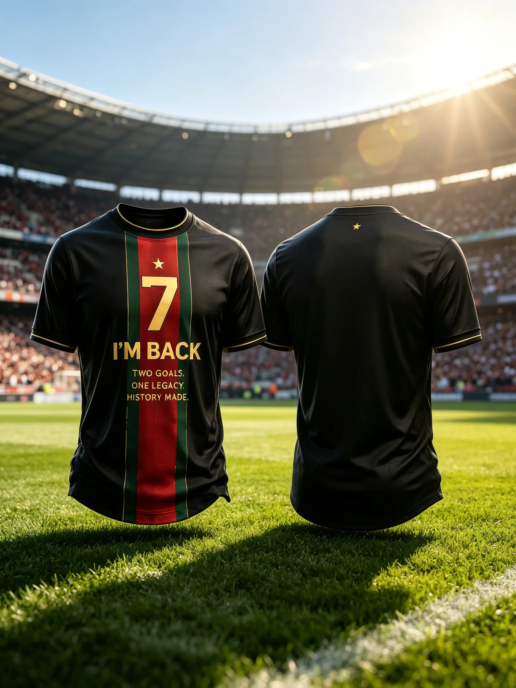 Men Number 7 I'M BACK Football Jersey White Blue Vertical Stripe Short Sleeve Soccer Sports T-Shirt