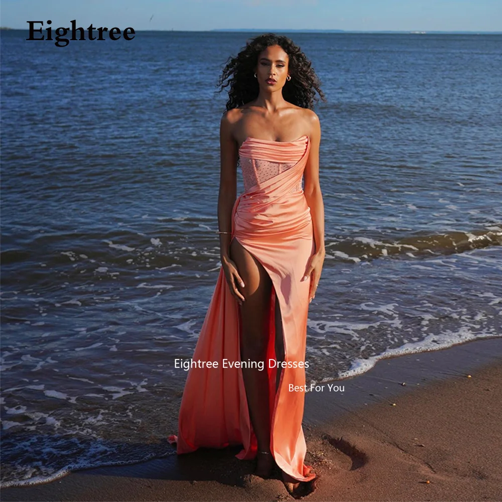 

Eightree Sexy Satin Evening Dresses Beach Mermaid High Leg Slit Strapless Pleat Sequined Dresses For Prom Birthday Dress For Wom