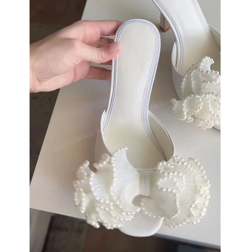 Zapatillas de malla blanca con perlas redondas Para mujer, Zapatos de tacón alto con nudo de mariposa, Sexy, a la moda, Para verano, 2024