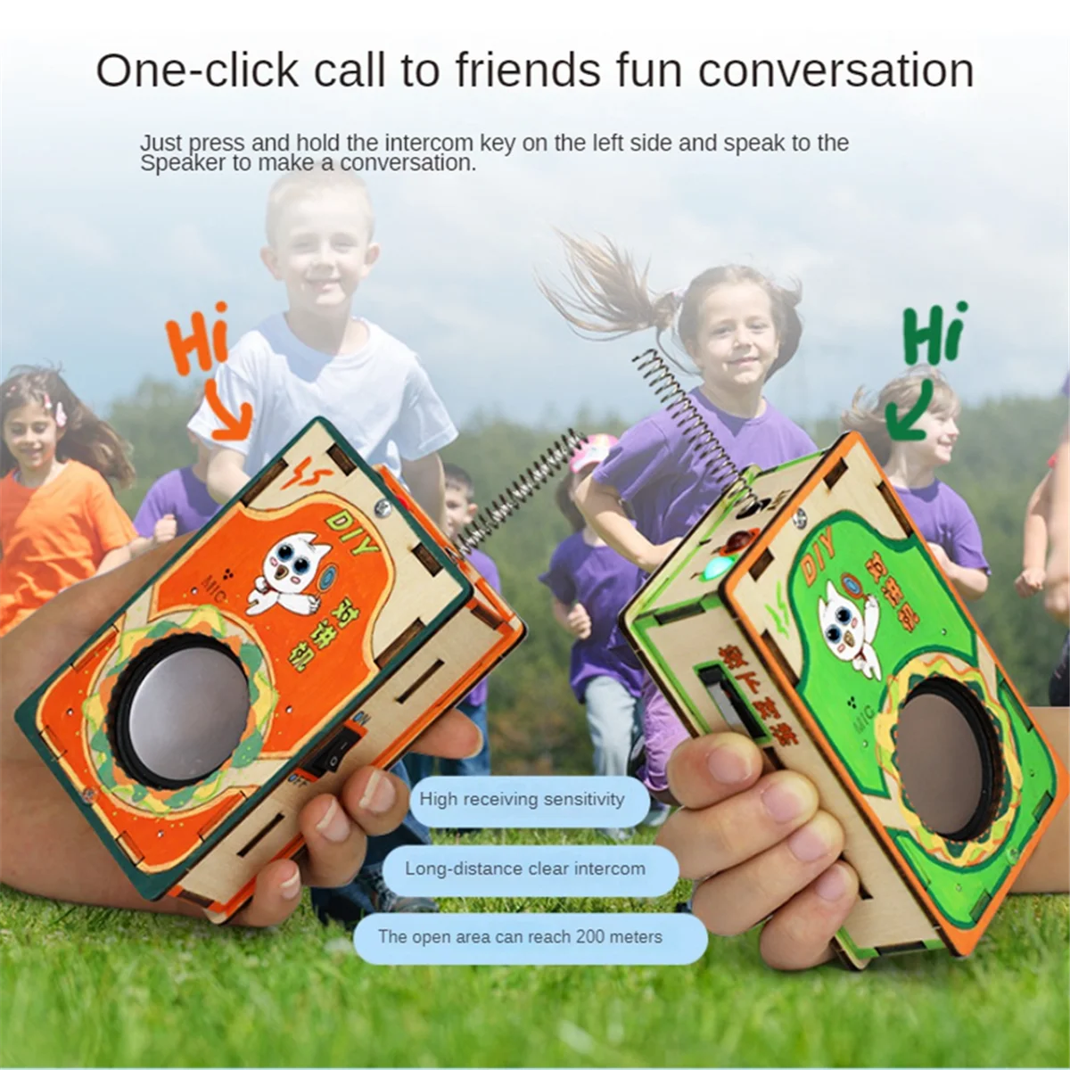 ABNP 2Pcs Walkie Talkies DIY Set Wood Long Range Electronic Learning DIY Accessories Handheld Radio Intercom