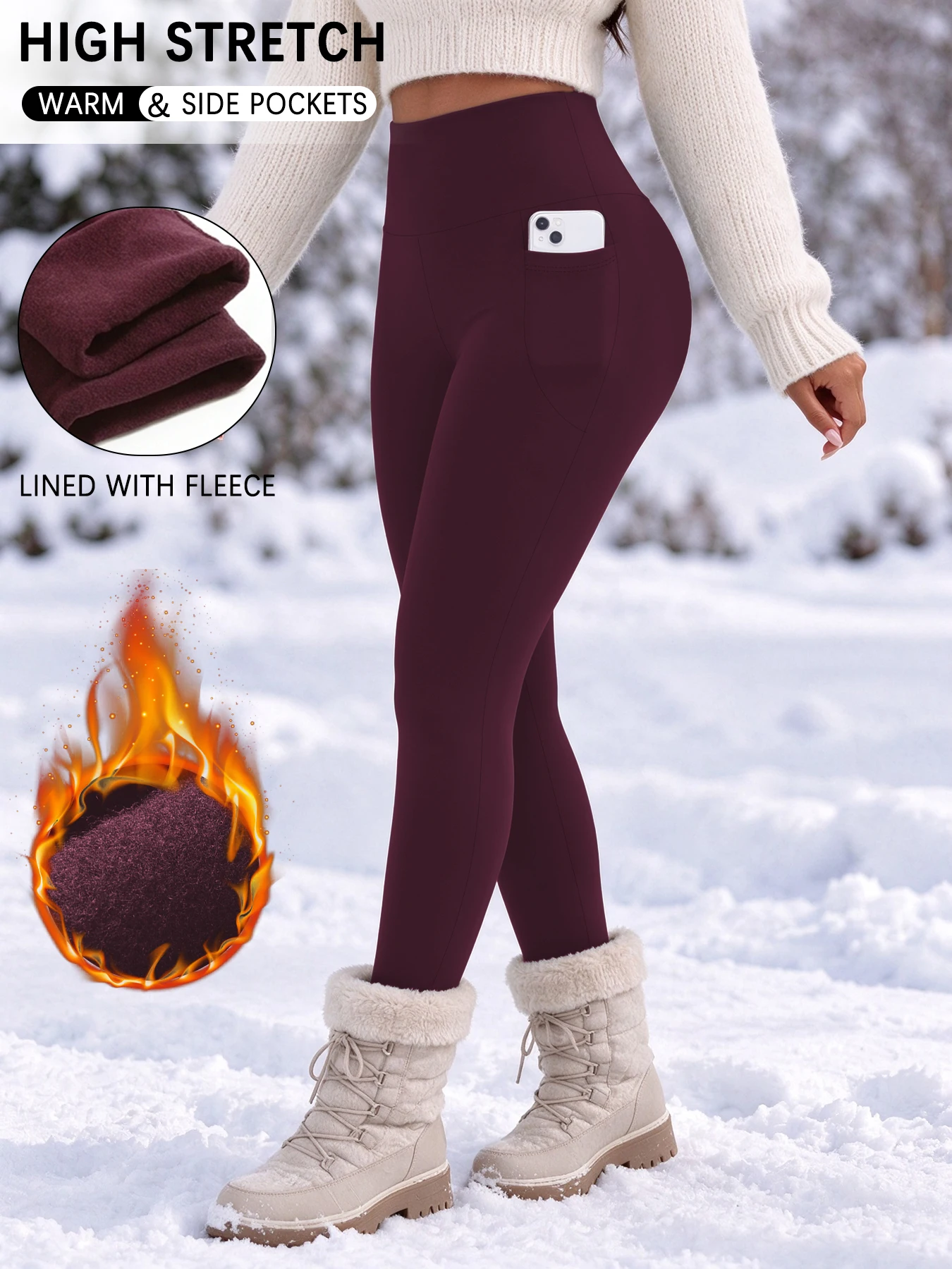 Womens Thermal Fleece Lined High Waisted with pockets Leggings, Workout Winter Warm Thick Tights Soft Yoga Running Pants
