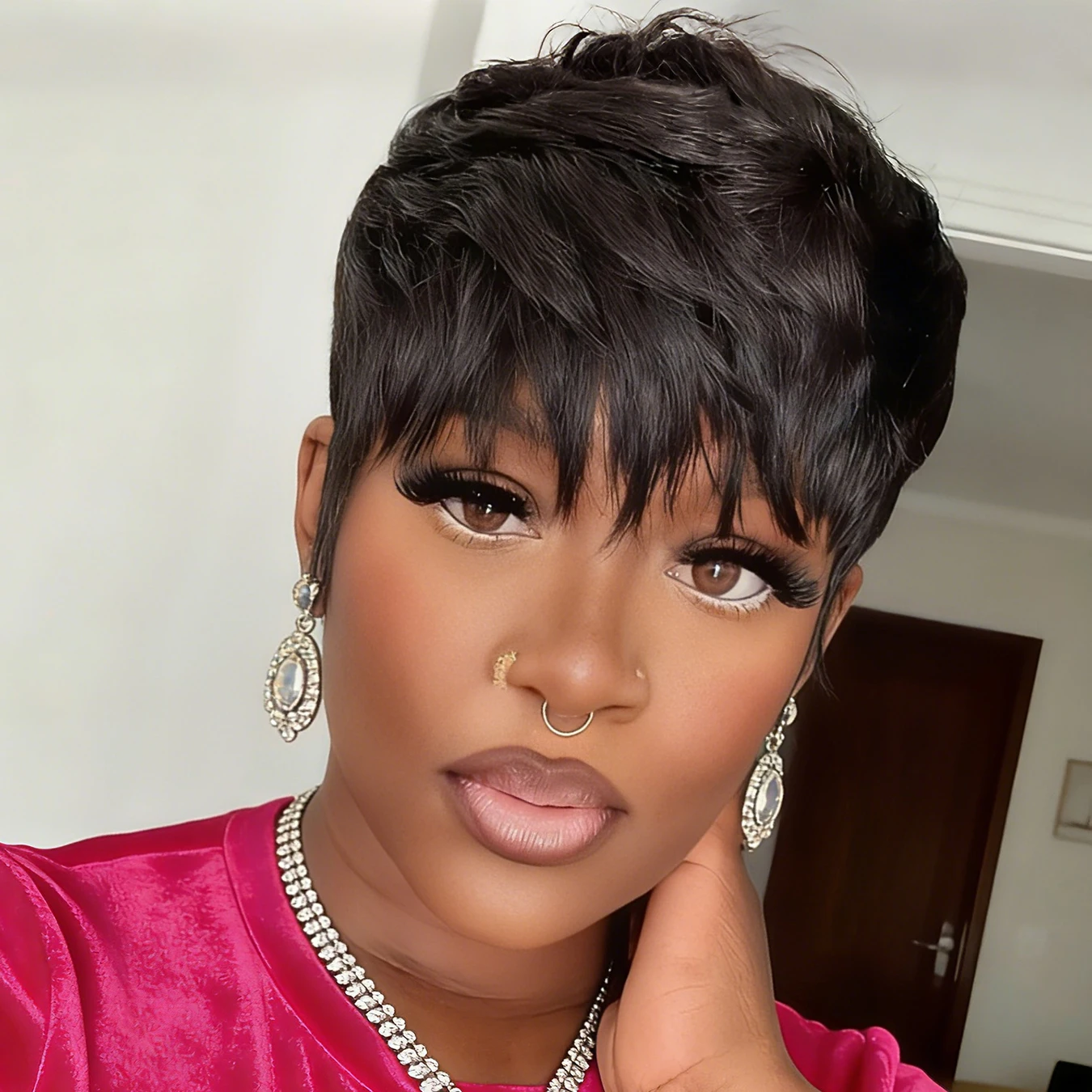 

Оранжевые парики из натуральных волос с короткой стрижкой пикси и челкой, полностью машинной работы, для женщин