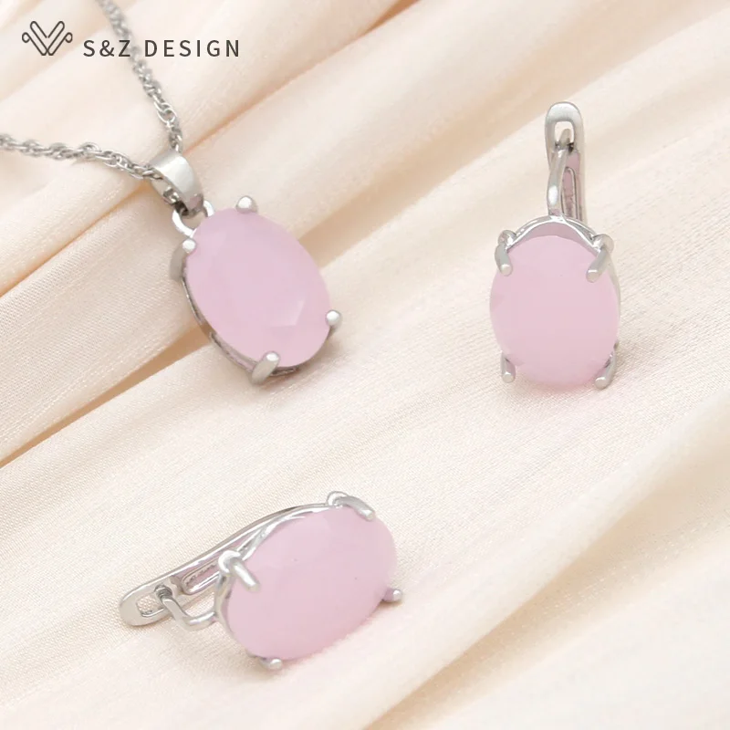 S&Z DESIGN New Oval Egg Shape Crystal Rose Gold Color Dangle Earrings Jewelry Sets For Women Wedding Fashion Pendant Necklace