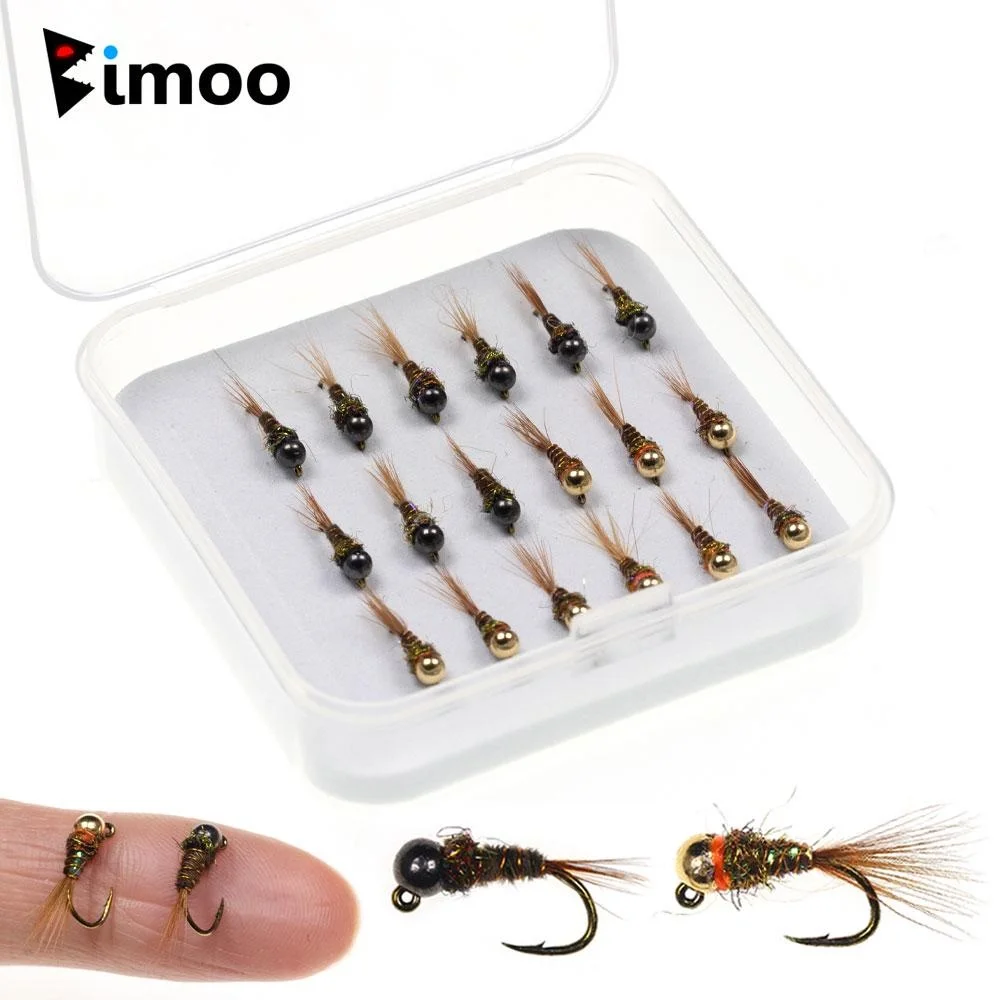 Bimoo 18 Stück/Box Widerhaken-Wolframperlenkopf-Jig, Nymphenfliege, Fasanenschwanz, schnell sinkende Euro-Nymphenfliege, Forellen- und Barsch-Angelköder