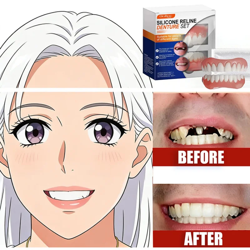 Dentures Full Set Natural Upper Lower Braces Silicone Denture Set for Men Women Instant Confident Fake Tooth Oral Hygiene Care
