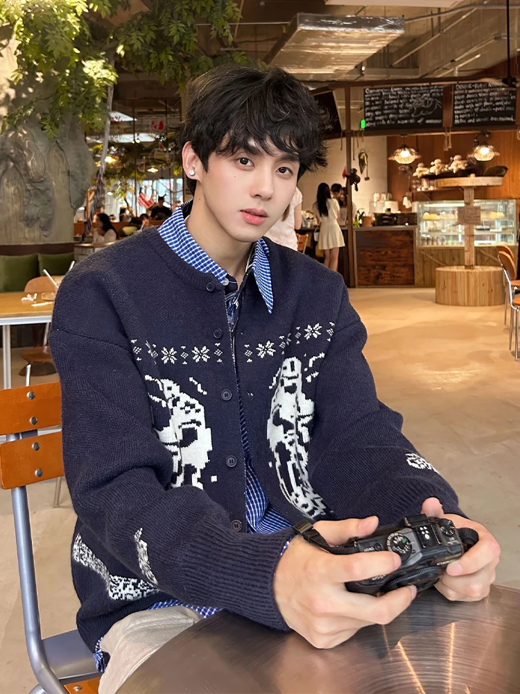 

Мужской вязаный кардиган в стиле Fair Isle, осенне-зимний, мягкий, свободный крой, винтажный, в стиле Lazy Sle, свитер-пальто